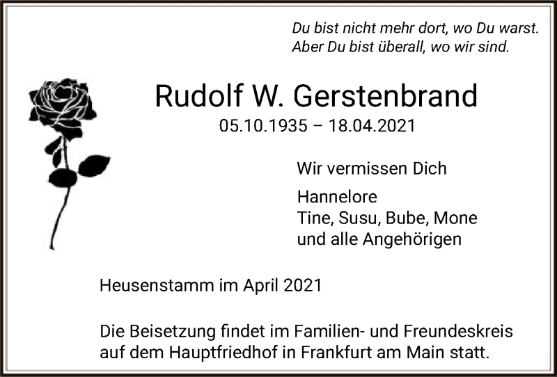  Traueranzeige für Rudolf W. Gerstenbrand vom 24.04.2021 aus OF