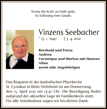 Traueranzeige von Vinzens Seebacher von OF