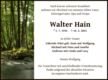 Traueranzeige von Walter Hain von OF