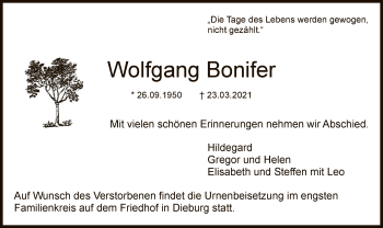 Traueranzeige von Wolfgang Bonifer von OF