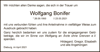 Traueranzeige von Wolfgang Bonifer von OF