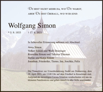 Traueranzeige von Wolfgang Simon von OF