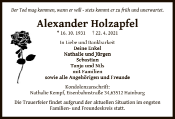 Traueranzeige von Alexander Holzapfel von OF