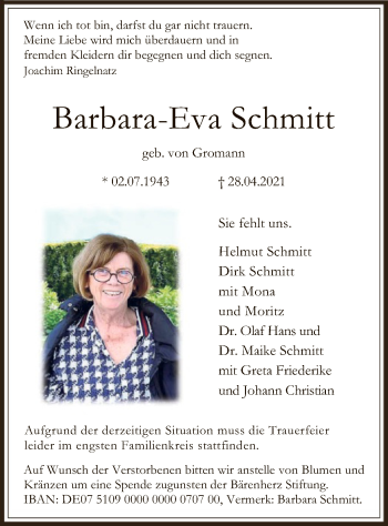 Traueranzeige von Barbara-Eva Schmitt von OF