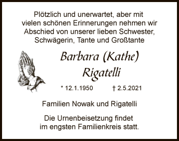 Traueranzeige von Barbara Rigatelli von OF