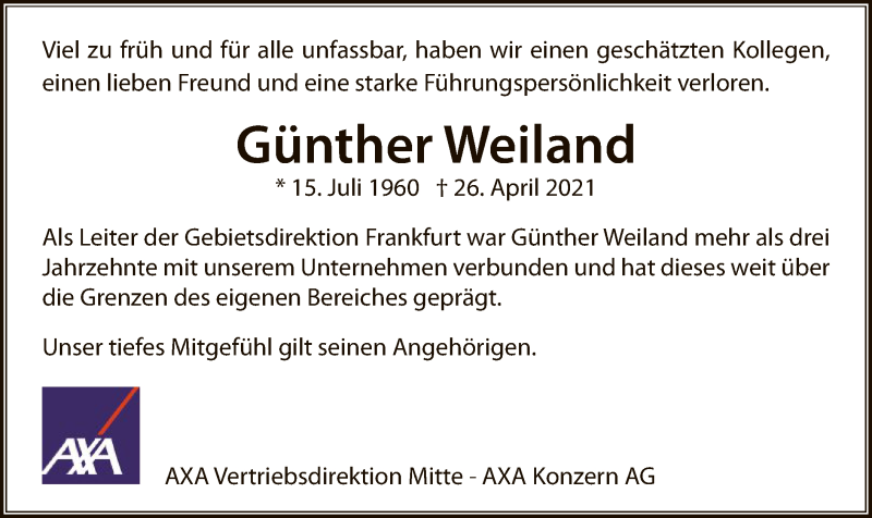  Traueranzeige für Günther Weiland vom 08.05.2021 aus OF