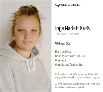 Traueranzeige von Inga Marlett Kreß von OF