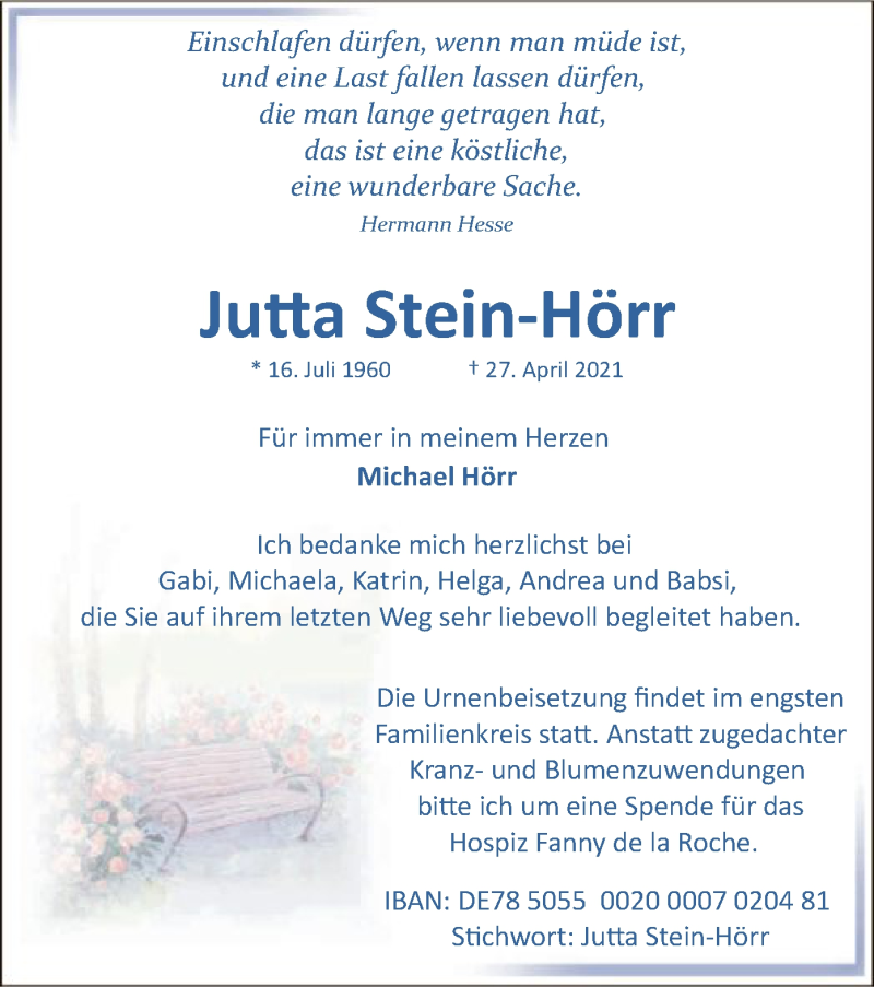  Traueranzeige für Jutta Stein-Hörr vom 03.05.2021 aus OF