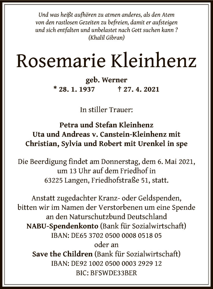  Traueranzeige für Rosemarie Kleinhenz vom 04.05.2021 aus OF