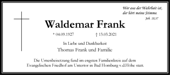 Traueranzeige von Waldemar Frank von OF