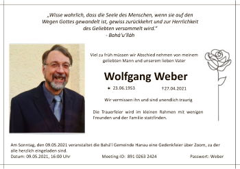 Traueranzeige von Wolfgang Weber von OF