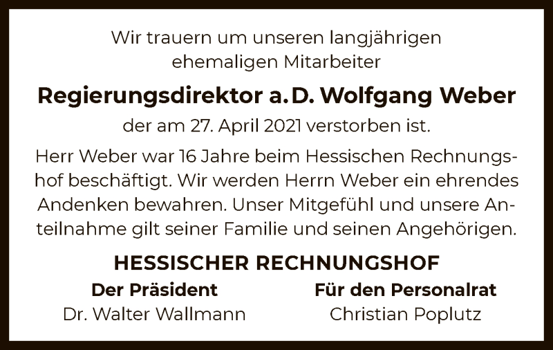  Traueranzeige für Wolfgang Weber vom 08.05.2021 aus OF