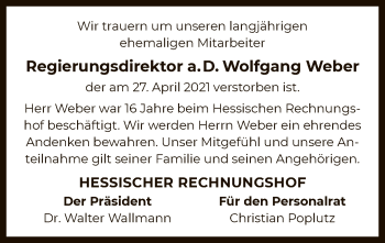 Traueranzeige von Wolfgang Weber von OF