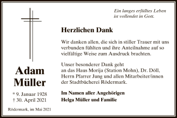 Traueranzeige von Adam Müller von OF