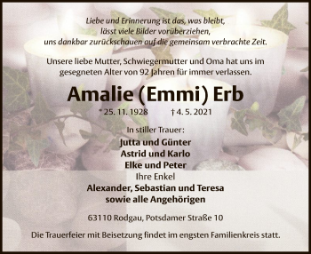 Traueranzeige von Amalie  Erb von OF