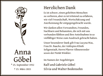 Traueranzeige von Anna Göbel von OF