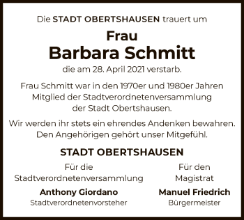 Traueranzeige von Barbara Schmitt von OF