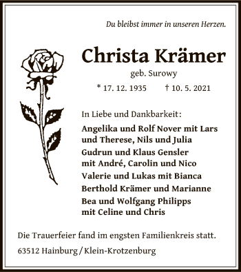 Traueranzeige von Christa Krämer von OF