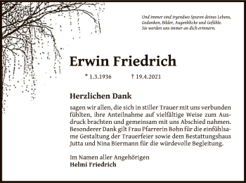 Traueranzeige von Erwin Friedrich von OF