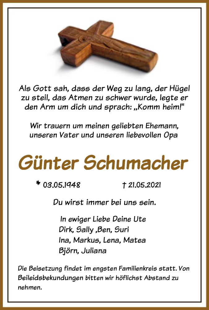  Traueranzeige für Günter Schumacher vom 28.05.2021 aus OF