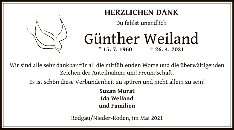  Traueranzeige für Günther Weiland vom 26.05.2021 aus OF