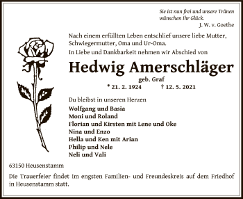 Traueranzeige von Hedwig Amerschläger von OF