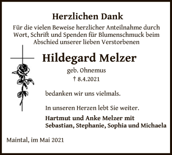 Traueranzeige von Hildegard Melzer von OF