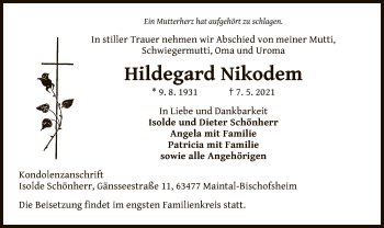 Traueranzeige von Hildegard Nikodem von OF