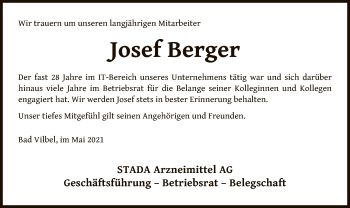 Traueranzeige von Josef Berger von OF