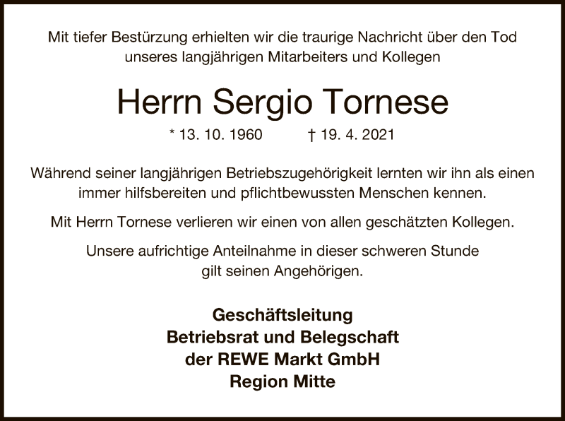  Traueranzeige für Sergio Tornese vom 29.05.2021 aus OF