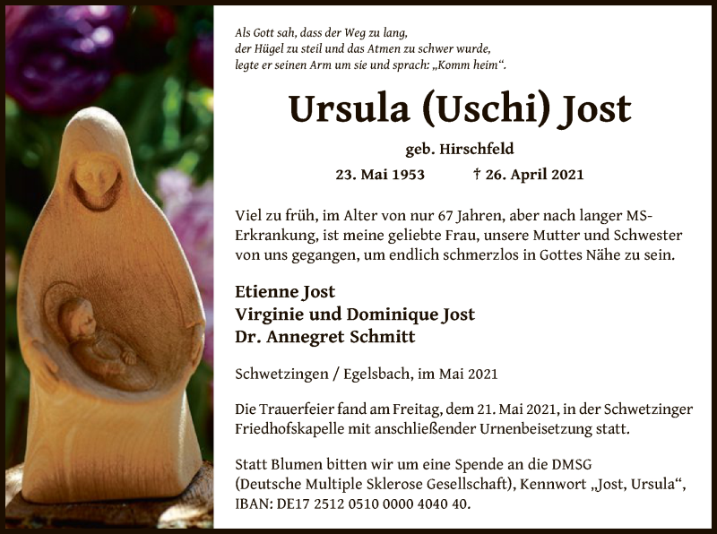  Traueranzeige für Ursula  Jost vom 29.05.2021 aus OF