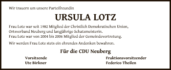 Traueranzeige von Ursula Lotz von OF