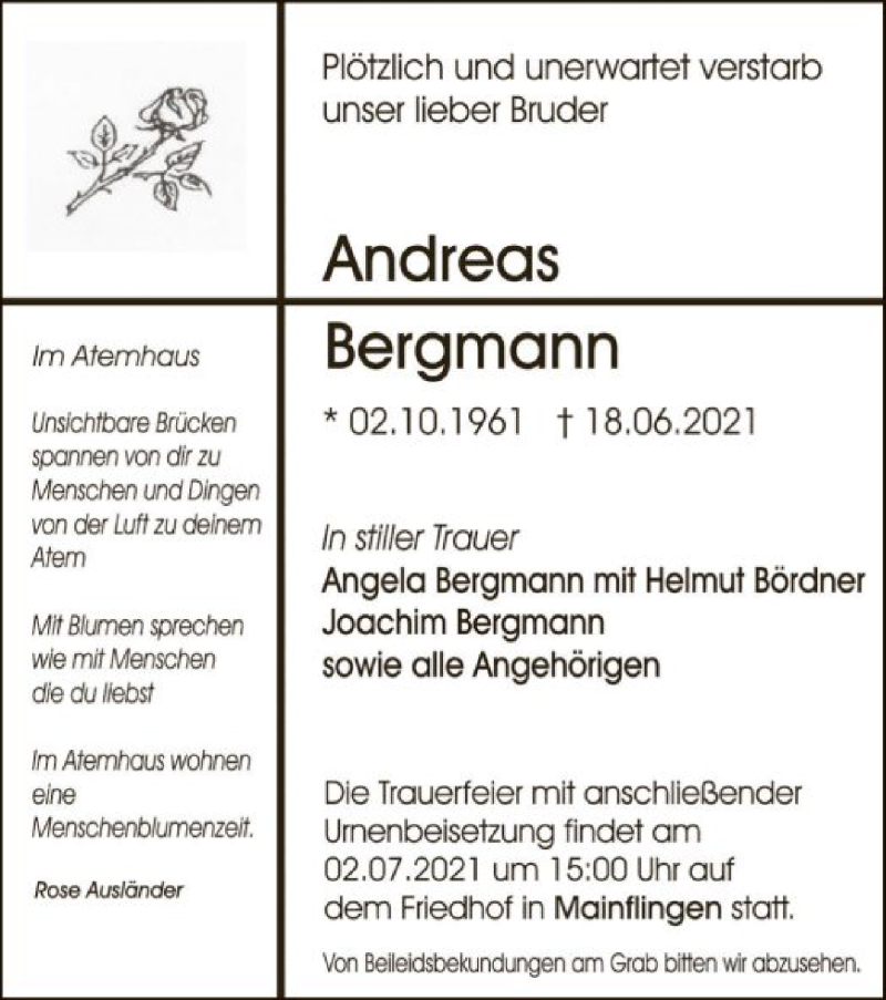  Traueranzeige für Andreas Bergmann vom 30.06.2021 aus OF