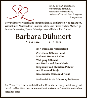 Traueranzeige von Barbara Dühmert von OF