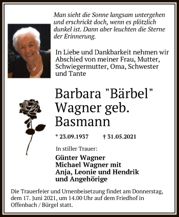 Traueranzeige von Barbara Wagner von OF