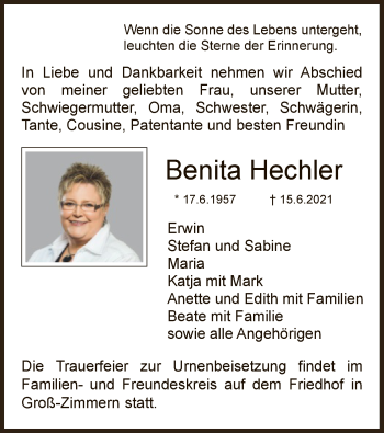 Traueranzeige von Benita Hechler von OF