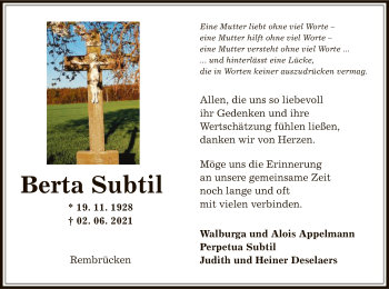 Traueranzeige von Berta Subtil von OF