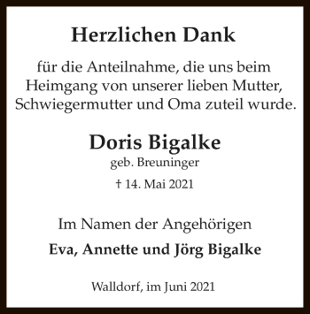 Traueranzeige von Doris Bigalke von OF