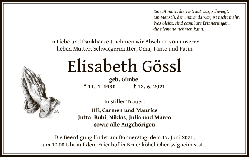  Traueranzeige für Elisabeth Gössl vom 15.06.2021 aus OF