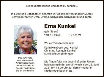 Traueranzeige von Erna Kunkel von OF