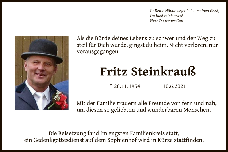  Traueranzeige für Fritz Steinkrauß vom 23.06.2021 aus OF