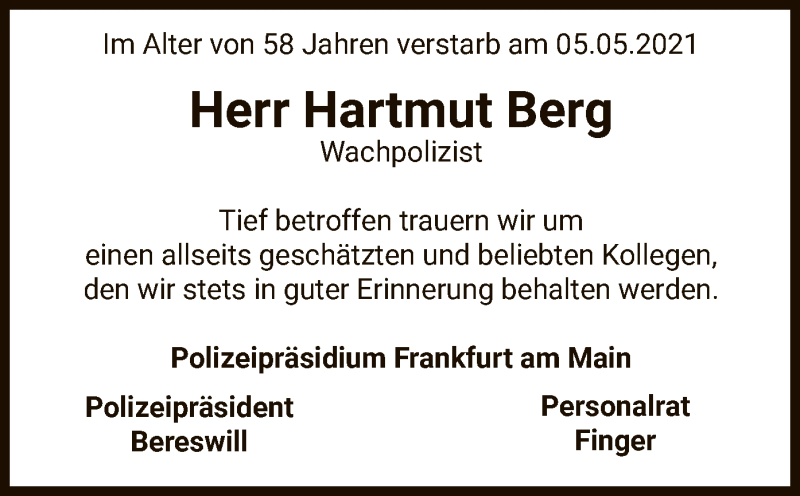  Traueranzeige für Hartmut Berg vom 04.06.2021 aus OF