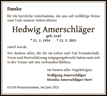 Traueranzeige von Hedwig Amerschläger von OF