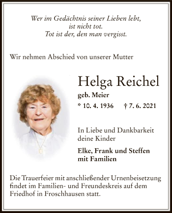 Traueranzeige von Helga Reichel von OF