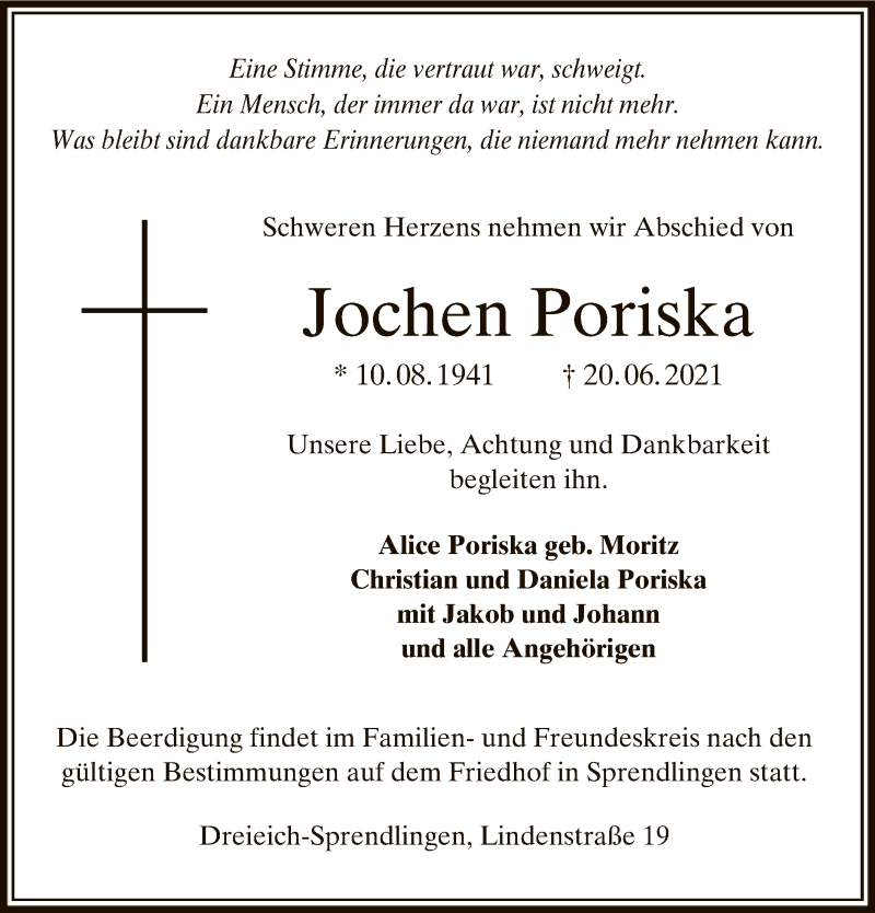  Traueranzeige für Jochen Poriska vom 24.06.2021 aus OF