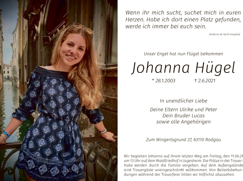  Traueranzeige für Johanna Hügel vom 09.06.2021 aus OF