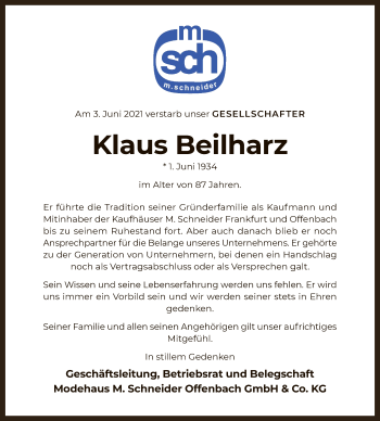 Traueranzeige von Klaus Beilharz von OF