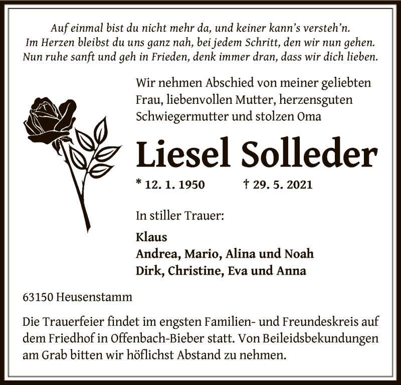  Traueranzeige für Liesel Solleder vom 05.06.2021 aus OF