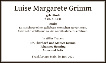 Traueranzeige von Luise MArgarete Grimm von OF