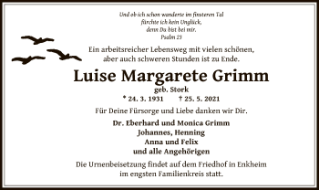 Traueranzeige von Luise MArgarete Grimm von OF